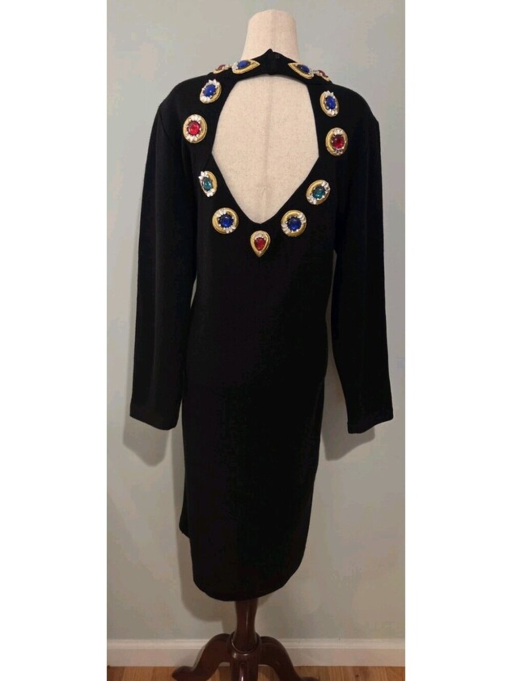 Outlander Black Wool Back Cut Out Bejeweled Neck Dress Vintage 80s
